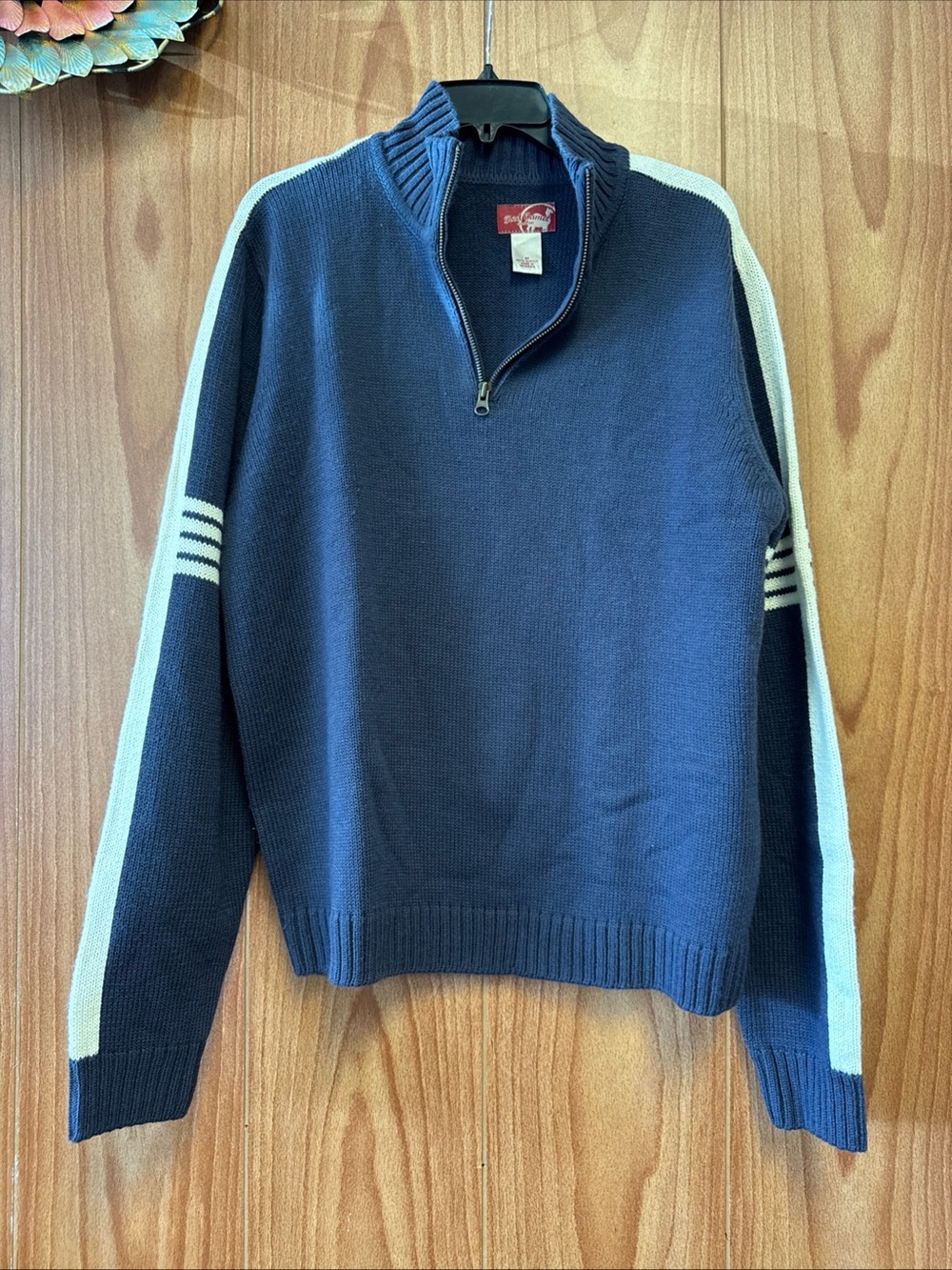 Red Camel Blue White Stripe 1/4 Zip Pullover Sweater Jacket Mock Neck M Medium